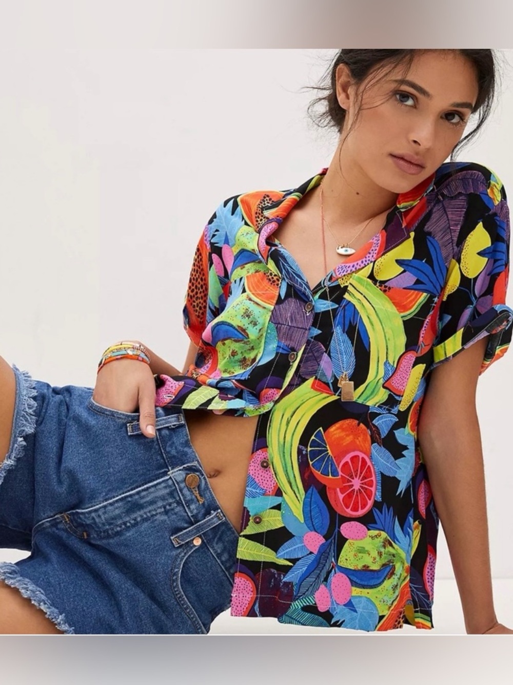 Anthropologie Black Tropical Fruit & Leaf Button-Down Shirt